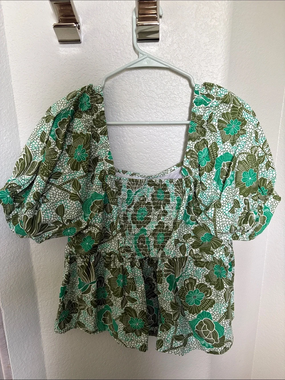 Anthropologie Nikasha Cotton Floral Puff Sleeve Peplum Top - Green